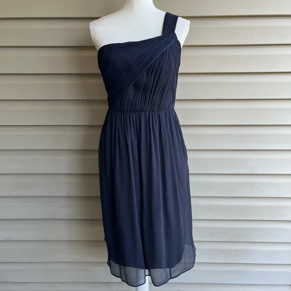 •J. Crew• Navy 100% Silk Chiffon One Shoulder Dress - Size 14 - Picture 1 of 7